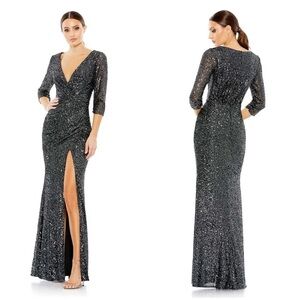 IEENA FOR MAC DUGGAL Sequined Draped 3/4 Sleeve Gown